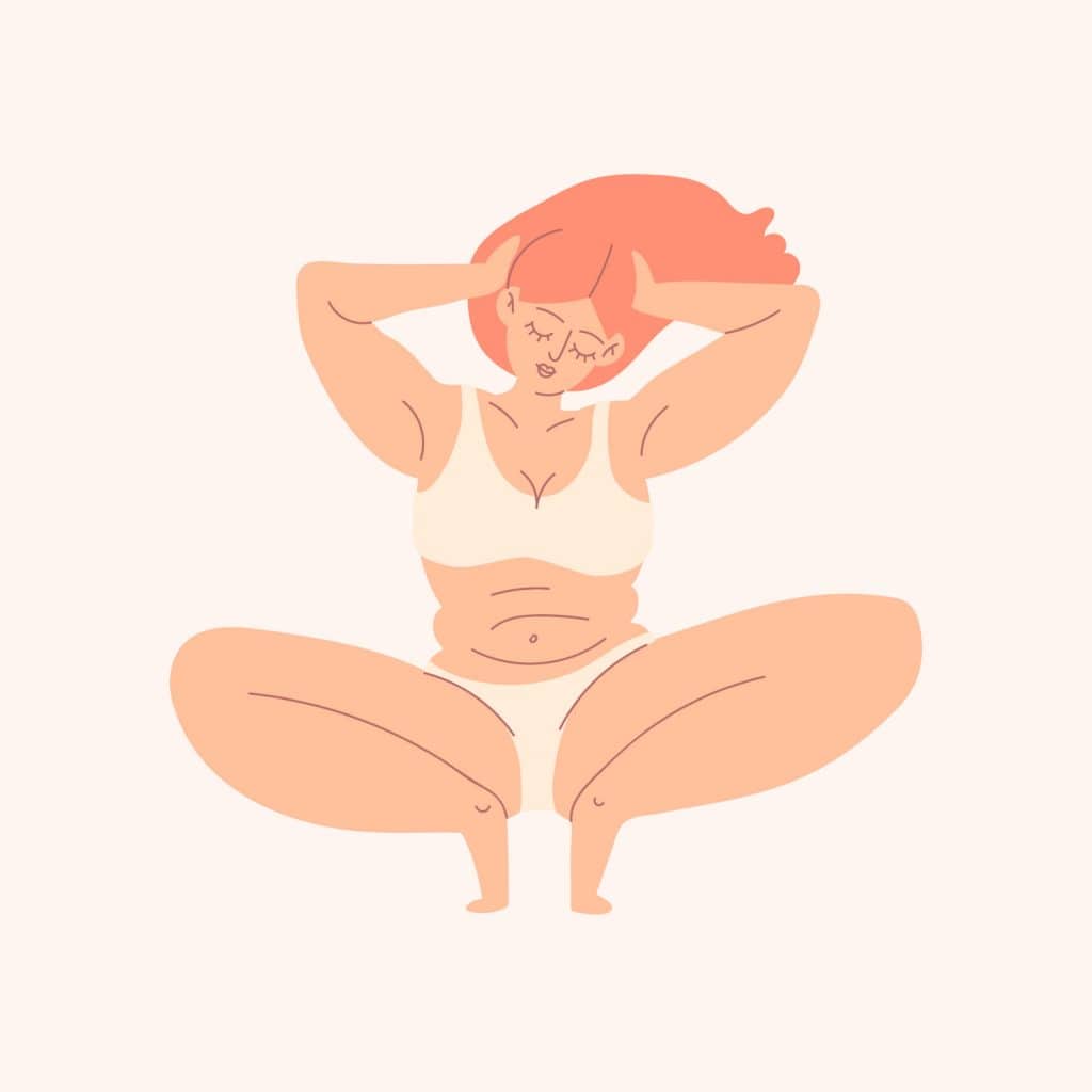Plus size female body squatting with folds on the abdomen